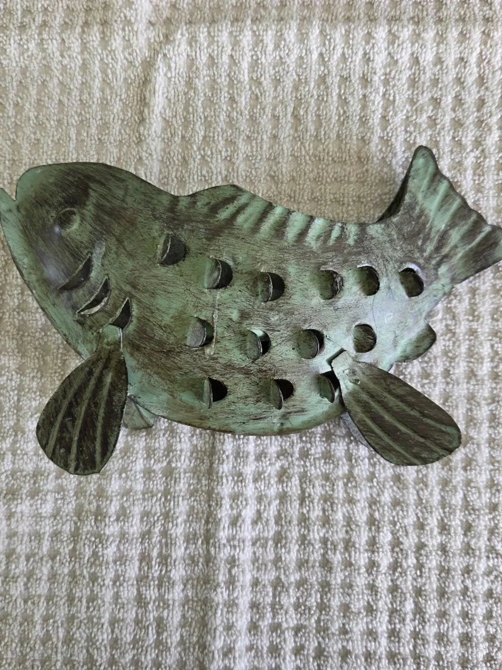 Metal Fish Tea Light Candle Holder Green Rustic Steel Sculpture 9” Cabin